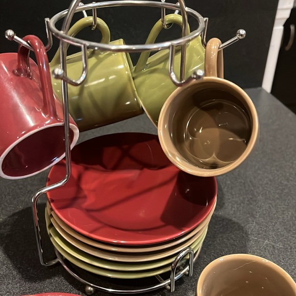 Espresso set with cups, plates and rack. Red, olive green, and tan - Picture 4 of 5
